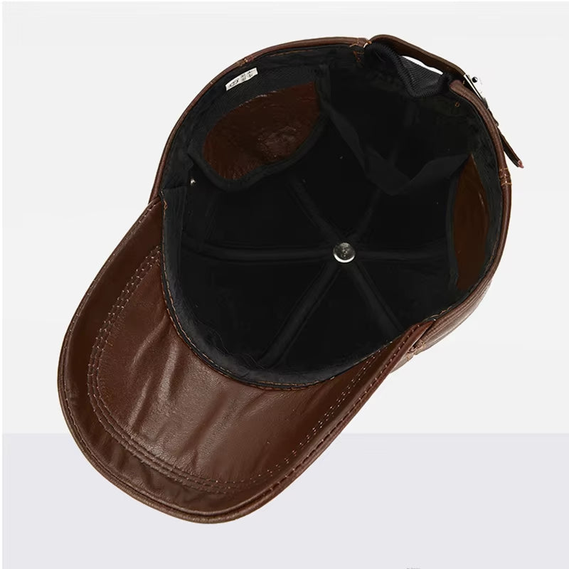2025 New Style Men Cowhide Hat Winter Warm Outdoor Protect Ear Real Leather Adjustable Baseball Cap Men Real Cowhide Leather Cap