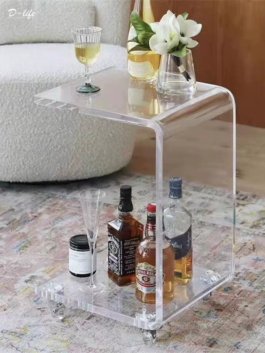 Clear Acrylic C-Shaped End Table with Wheels Movable Sofa Side & Coffee Table for Living Room