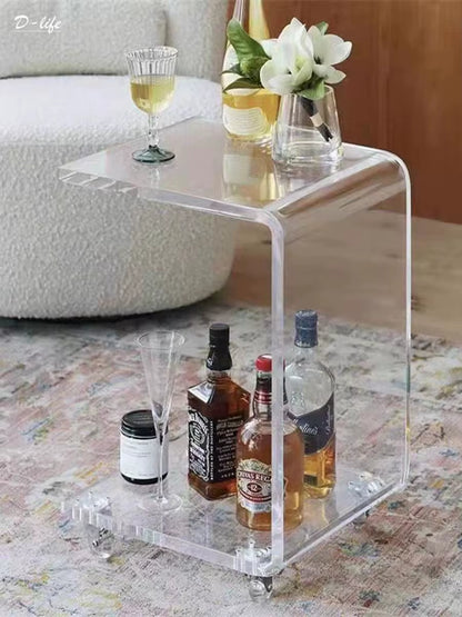 Clear Acrylic C-Shaped End Table with Wheels Movable Sofa Side & Coffee Table for Living Room