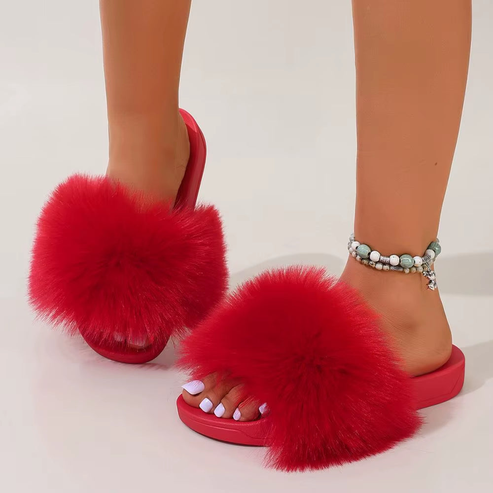Colorful Faux Fur Teddy Slides Cozy Women’s Slippers Indoor/Outdoor Slides