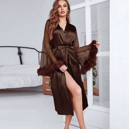 Silk Satin Bridal Bridesmaid Robes Women Sexi Bridesmaid Bath Robe Femme Longue with Feather