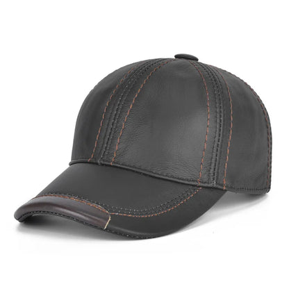Men Real Cowhide Leather Earlap Caps Male Fall Winter 100% Real Cow Leather Hats New Casual Real Leather Outdoor Baseball Cap