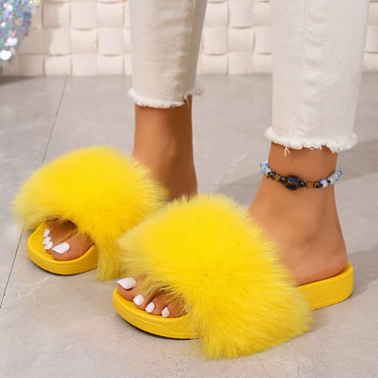 Colorful Faux Fur Teddy Slides Cozy Women’s Slippers Indoor/Outdoor Slides