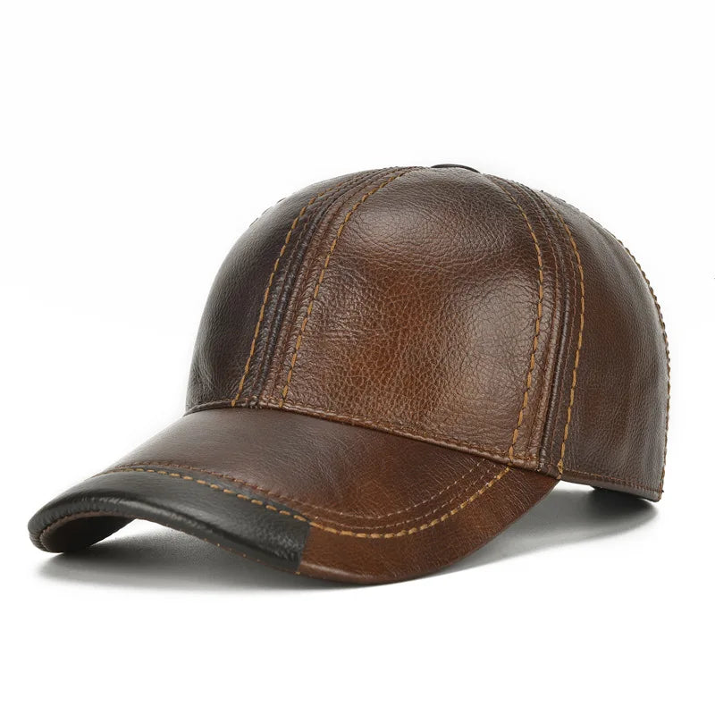 Men Real Cowhide Leather Earlap Caps Male Fall Winter 100% Real Cow Leather Hats New Casual Real Leather Outdoor Baseball Cap