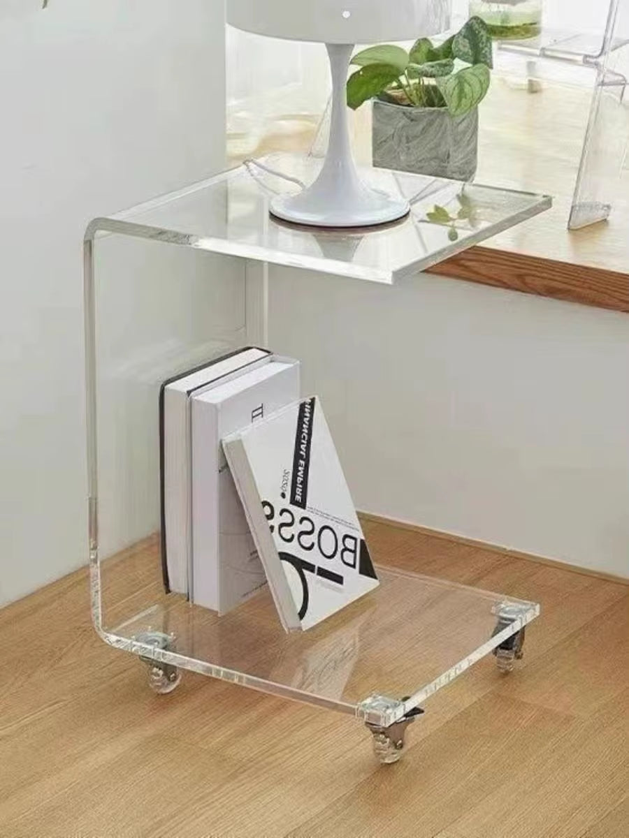 Clear Acrylic C-Shaped End Table with Wheels Movable Sofa Side & Coffee Table for Living Room