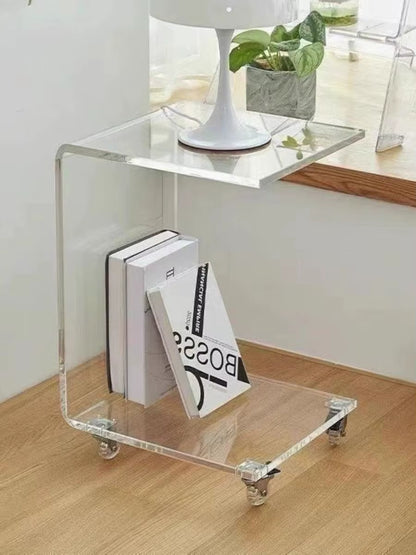 Clear Acrylic C-Shaped End Table with Wheels Movable Sofa Side & Coffee Table for Living Room
