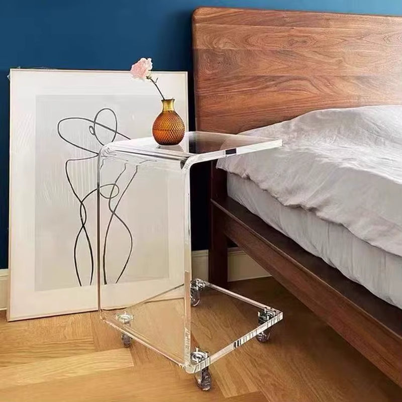 Clear Acrylic C-Shaped End Table with Wheels Movable Sofa Side & Coffee Table for Living Room