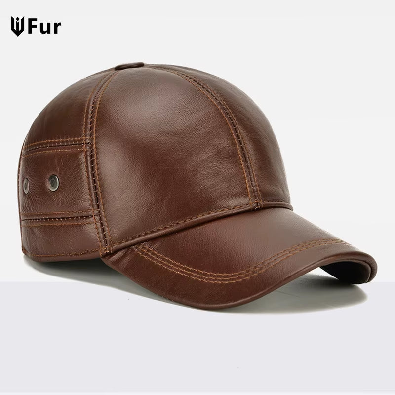 2025 New Style Men Cowhide Hat Winter Warm Outdoor Protect Ear Real Leather Adjustable Baseball Cap Men Real Cowhide Leather Cap