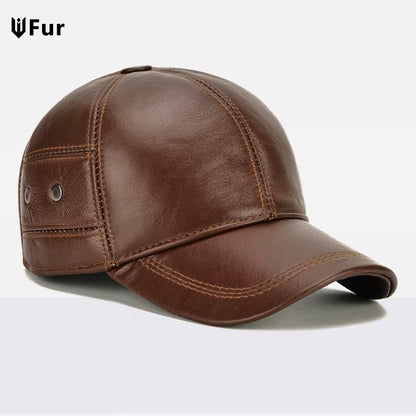 2025 New Style Men Cowhide Hat Winter Warm Outdoor Protect Ear Real Leather Adjustable Baseball Cap Men Real Cowhide Leather Cap