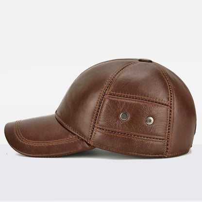 2025 New Style Men Cowhide Hat Winter Warm Outdoor Protect Ear Real Leather Adjustable Baseball Cap Men Real Cowhide Leather Cap
