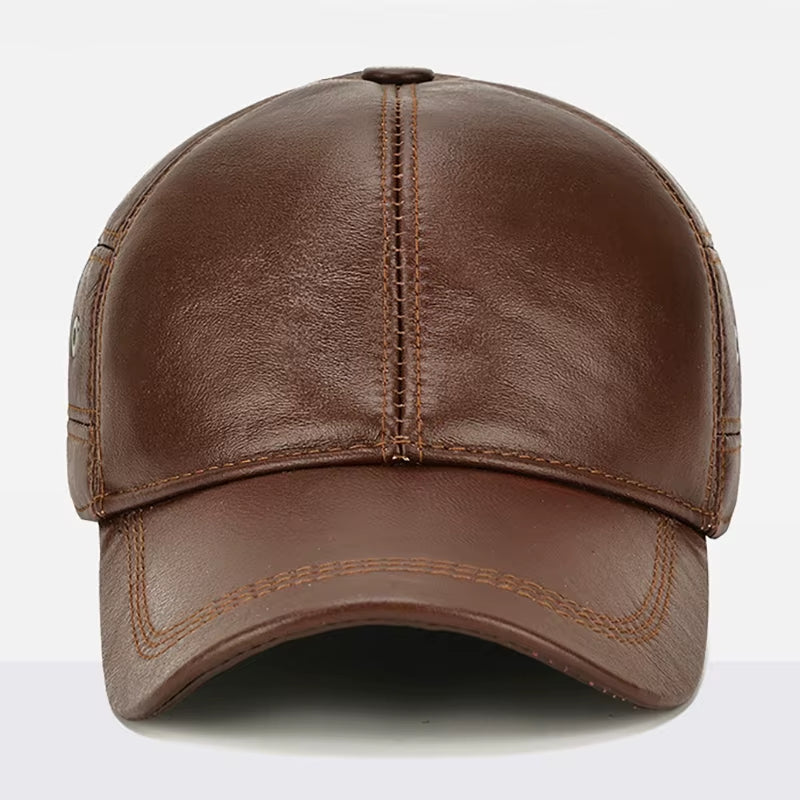 2025 New Style Men Cowhide Hat Winter Warm Outdoor Protect Ear Real Leather Adjustable Baseball Cap Men Real Cowhide Leather Cap
