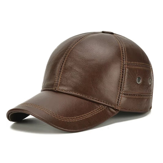 2025 New Style Men Cowhide Hat Winter Warm Outdoor Protect Ear Real Leather Adjustable Baseball Cap Men Real Cowhide Leather Cap